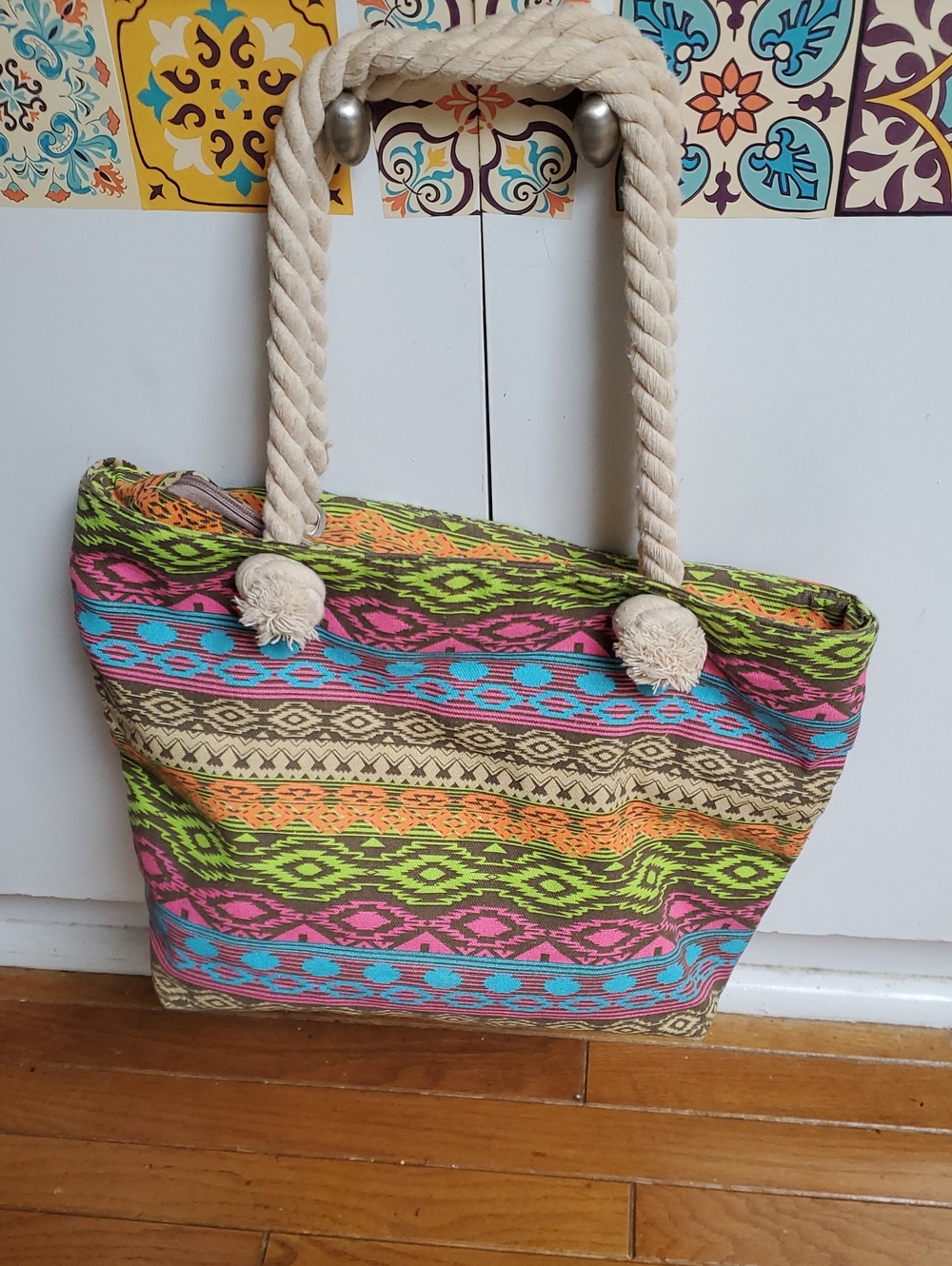 Source Unknown Neon Patterned Rope-Handle Tote in Green Pink Blue Orange Cream